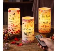 Retisee 3 Pcs Christian Flameless Candles with Remote Timer, Floral Religious Real Wax LED Flickering Pillar Candle Inspirational Scripture Hymn Battery Operated for Home Xmas Gift Holiday Decor