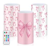 Retisee 3 Pcs Coquette Pink Bow Flameless LED Candles with Remote Pink Bow Room Decor 3x6 Inch Color Changing Battery Operated Pillar Candles for Party