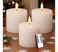Retisee Flameless Pillar Candles Set of 3 Battery Operated Candle with Remote Control Timers Real Wax Flat Top Flickering Small LED Candles for Christmas Decorations Dinner Gift(Ivory,3x3 Inch)