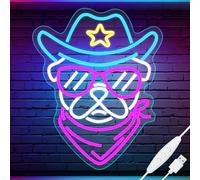 Retisee Pug Neon Sign Wall Decor Wearing Glasses Dog with Cowboy Hat LED Neon Light Dimmable Pet Animal Sign for Dog Lover Living Room Shop Bar Birthday Party Accessory Birthday Gift