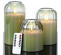 Retisee Set of 3 Green Ribbed Glass Battery Candles with Remote, 4" 5" 6" | Real Wax Dancing Flame LED, Ribbed Glass Safe Decor, Remote Timer Dimmer, Housewarming Christmas Gift, Home Decoration