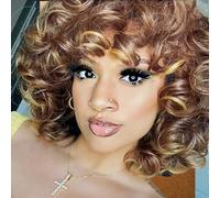 Retoleca Curly Wigs for Black Women Short Afro with Bangs Soft Inflatable Fluffy Curly Wig for Women Heat Resistant Brown Afro Cosplay Wig (Blonde A