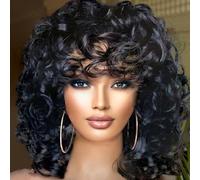 Retoleca Short Curly Wigs for Black Women Afro Wig Curly Large with Bangs Soft Black Bouncy Fluffy Heat Resistant Daily Party Wigs (N