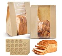 RETON 100 Pcs Kraft Paper Bread Bags, Greaseproof with Window, Tin Tie Tab Lock, Large Sandwich Bags with Thank You Stickers for Food Packaging (13.7''X8.2''X3.5'')
