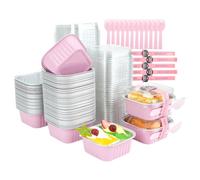 RETON 100 Pcs Mini Square Cake Baking Cups with Lids, 5oz Aluminum Foil Baking Pans Cupcake Liners, Small Loaf Cake Box with Stickers and Sporks, Mini Loaf Cake Cases for Party Wedding (Pink)