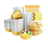 RETON 100 Pcs Mini Square Cake Baking Cups with Lids, 5oz Aluminum Foil Baking Pans Cupcake Liners, Small Loaf Cake Box with Stickers and Sporks, Mini Loaf Cake Cases for Party Wedding (Gold)