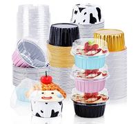 RETON 100Pcs Aluminium Foil Baking Cups, Mini Cake Pans with Lids, 5 oz Foil Cupcake Cups Cupcake Liners, Muffin Cups for Party Birthday Wedding Valentines (5 Colors)