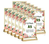 RETON 12 Pack Acrylic Sign Holder, A5 Clear Gold Frame Display Stand, Double Sided Picture Menu Flyer Holders, Wedding Table Number Frames for Cards Photo Party Decoration (14.8 x 21 cm)