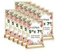 RETON 12 Pack Acrylic Sign Holder, Clear Gold Frame Display Stand, Double Sided Picture Menu Flyer Holders, 5 x 7 Wedding Table Number Frames for Cards Photo Party Decoration (12.7 x 17.8cm)
