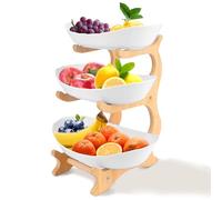 RETON 2/3 Tier Fruit Bowl for Kitchen Countertop, Plastic Fruit Basket Rack with Bamboo Wood Stand for Tiered Vegetable Storage Tray, Salad Cake Snack Dessert Party (White) (3 Tier)
