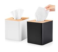 RETON 2 Pack Tissue Box Cover, Square Plastic Tissue Box Holder with Bamboo Lid, Cube Tissue Dispenser Box for Living room, Office, Home Decor, Night Stand(Black+White)