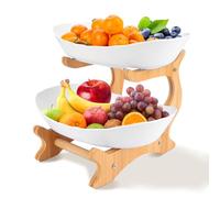 RETON 2 Tier Fruit Bowl for Kitchen Countertop, Plastic Fruit Basket Rack with Bamboo Wood Stand for Tiered Vegetable Storage Tray, Salad Cake Snack Dessert Party (White) (2 Tier)