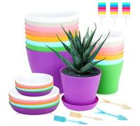 RETON 38Pcs Colorful Plastic Plant Pots Set, Including 16Pcs 10/14 cm Indoor Plant Flower Pot with Tray, Plastic Plant Pots with 18 Plant Labels 4 Transplanting Tools (8 Colors)