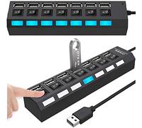 Retoo 7 Port Hub USB 2.0 USB Adapter with Power Switch and LED Data Hub Active with On/Off Switch for PC Laptop Power Bank USB Multiple Ports Splitter with Long Cable Multiport