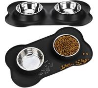 Retoo Double Feeding Bowl with Silicone Bowl Mat, Dog Bowl, Stainless Steel, 400 ml, Non-Slip Silicone Tray Mat, Cat Bowl, Food Water Bowl, Black