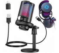Retoo Gaming Microphone RGB, USB Microphone with One-Click Mute Function, Noise Reduction, Volume Control, Pop Filter, Plug & Play, for PC, PS4, PS5, Streaming, Podcast, Studio, YouTube, Black