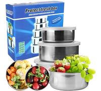 Retoo Stainless Steel Food Containers, Food Storage Containers with Lid, Container, Lunch Box, Leak-Proof, Round, Reusable, Pack of 5, Silicone Sleeve for Work, School, 10, 12, 14, 16, 18 cm