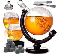 Retoo Whisky Carafe Set, Globe Decanter 850 ml, 2 Glasses, 9 Stones | Wooden stand, 2 glasses each 300 ml, stainless steel funnel, tongs, velvet bag, glass and wood, transparent