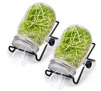 Retoteng Sprouting Jar Kit, 2pcs Wide Mouth Quart Mason Jars with Stainless Steel Screen Sprout Lids,with Stand, Seed Sprouts Growing Kit for Broccoli Sprout, Microgreens, Alfalfa, Mung Beans