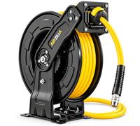 Retractable Air Hose Reel Dual Arm Steel 3/8 in X 50 ft for Air Compressor | Dual-Arm Steel Frame, Auto Rewind, 300 PSI max, 4-way Roller Guide, 6 ft Lead-In, Brass Quick Coupler