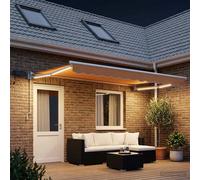 Retractable Awning 4x3m Sand Manual Solar LED Patio Shade White Aluminium 270gsm