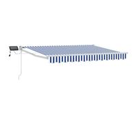Retractable Awning Blue/White 3.5x2.5m Polyester PU Solar LED Manual Crank 165cm