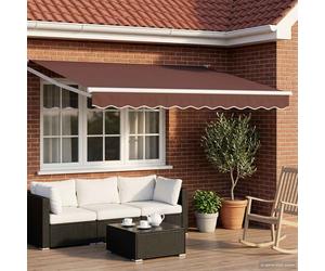 Retractable Awning Brown White 3.5x2.5m Polyester PU Solar LED Manual Crank165cm