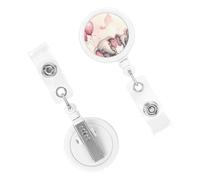 Retractable Badge Holder Cute Nursing Badge Reel Heavy Duty Badge Clip with Keychain Elephant with Pink Balloons ID Card Holders Clip-on Name Badge Tag for Office Worker Doctor Nurse Teacher