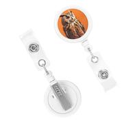Retractable Badge Holder Cute Nursing Badge Reel Heavy Duty Badge Clip with Keychain Owl Sitting on Orange Background ID Card Holders Clip-on Name Badge Tag for Office Worker Doctor Nurse Teacher