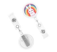 Retractable Badge Holder Cute Nursing Badge Reel Heavy Duty Badge Clip with Keychain Rabbit and Rainbow ID Card Holders Clip-on Name Badge Tag for Office Worker Doctor Nurse Teacher
