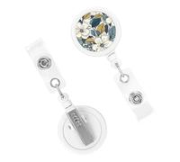 Retractable Badge Holder Cute Nursing Badge Reel Heavy Duty Badge Clip with Keychain White Cherry Blossoms ID Card Holders Clip-on Name Badge Tag for Office Worker Doctor Nurse Teacher