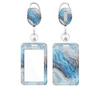 Retractable Badge Holder, Cute Print Pattern Belt Clip Badge Reel with Keychain, Name Tag Work Vertical Id Card Protector for Nurse Medical Teacher Student (Blue Marble)