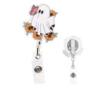 Retractable Badge Holder Halloween Cute Nurse Badge Reel Nursing Gift for Nurses Alligator Id Badge Clip for Office Doctor Rn Student Women Name Tag Holder Card Accessories Acrylic - Ghost Flower