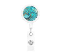 Retractable Badge Holder Heavy Duty Carabiner Badge Reel with Clip Turquoise Blue Gold Marble ID Badge Holder Name Card Holder ID Card Holders Keychain Badge Reels for Nurse Doctor Office Worker