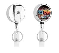 Retractable Badge Holder ID Badge Reel with Clip & Key Ring for Men Women | Graffiti Hip Hop Metal ID Badge Holder Heavy Duty Nurse Badge Holder for Key Name Card Holder