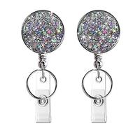 Retractable Badge Holder, Lightweight Plastic Badge Reel Retractable Card Holder with Key Ring Backing Belt Clip for Nurse,Volunteer,Teacher,Student,Office (2pack Glitter Silver-UK)