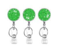 Retractable Badge Holder, Lightweight Plastic Badge Reel Retractable Card Holder with Key Ring Backing Belt Clip for Nurse,Volunteer,Teacher,Student,Office (Glitter Green 3pack-UK)