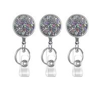 Retractable Badge Holder, Lightweight Plastic Badge Reel Retractable Card Holder with Key Ring Backing Belt Clip for Nurse,Volunteer,Teacher,Student,Office (Pretty Sliver Stars 3 Pack-UK)
