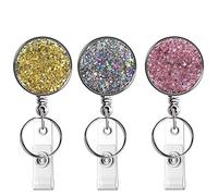 Retractable Badge Holder, Lightweight Plastic Badge Reel Retractable Card Holder with Key Ring Backing Belt Clip for Nurse,Volunteer,Teacher,Student,Office (Pretty Golden Sliver Pink-UK)