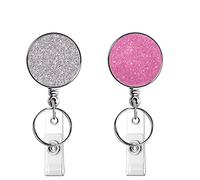 Retractable Badge Holder, Lightweight Plastic Badge Reel Retractable Card Holder with Key Ring Backing Belt Clip for Nurse,Volunteer,Teacher,Student,Office (Glitter Pink Silver 2pack-UK)
