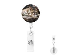 Retractable Badge Holder with Carabiner Reel Clip Heavy Duty Badge Reels Cat Sleeping Retractable ID Card Holder Name Badge Reel Clips with Key Ring for Key Name Card Holder