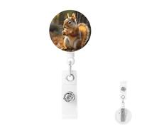 Retractable Badge Holder with Carabiner Reel Clip Heavy Duty Badge Reels Cute Squirrel Eating Nuts Retractable ID Card Holder Name Badge Reel Clips with Key Ring for Key Name Card Holder