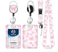 Retractable Badge Holder with Pink Lanyard, Fashionable Sliding Leopard Print Butterfly ID Badge Holder with Detachable Lanyard Carabiner Scroll Clip for ID Card, Office, School