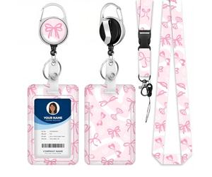 Retractable Badge Holder with Pink Lanyard, Fashionable Sliding Leopard Print Butterfly ID Badge Holder with Detachable Lanyard Carabiner Scroll Clip for ID Card, Office, School