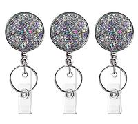 Retractable Badge Holders, Nursing Badge Reel, Badge Clip ID Card Holders for Volunteer, Teacher, Student, Office Worker (Glitter Silver 3 Pack)