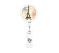 Retractable Badge Reel Holder with Clip and Keychain Funny Cute Badge Clips Id Card Badge Holder Vintage Style Eiffel Tower Paris Badge Reels for Office Worker Doctor Nurse