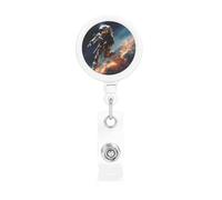 Retractable Badge Reel with Belt Clip and Key Ring Batch Holder Name Badge Clips Astronaut Flying in Space ID Card Holder for Office Worker Doctor Nurse ID BadgeReel Keychain