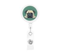 Retractable Badge Reel with Belt Clip and Key Ring Batch Holder Name Badge Clips Pug Green Polka Dot ID Card Holder for Office Worker Doctor Nurse ID Badge Reel Keychain