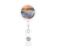 Retractable Badge Reel with Belt Clip and Key Ring Batch Holder Name Badge Clips Rocky Wave Sunset Painting ID Card Holder for Office Worker Doctor Nurse ID Badge Reel Keychain