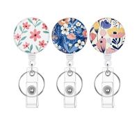 Retractable Badge Reels - 3 Pieces Floral Retractable Card Holder with Key Ring - Convenient Badges Clips for Nurse, Compatible with Employee Badges, Keys, Access Cards, and Staff ID Cardss